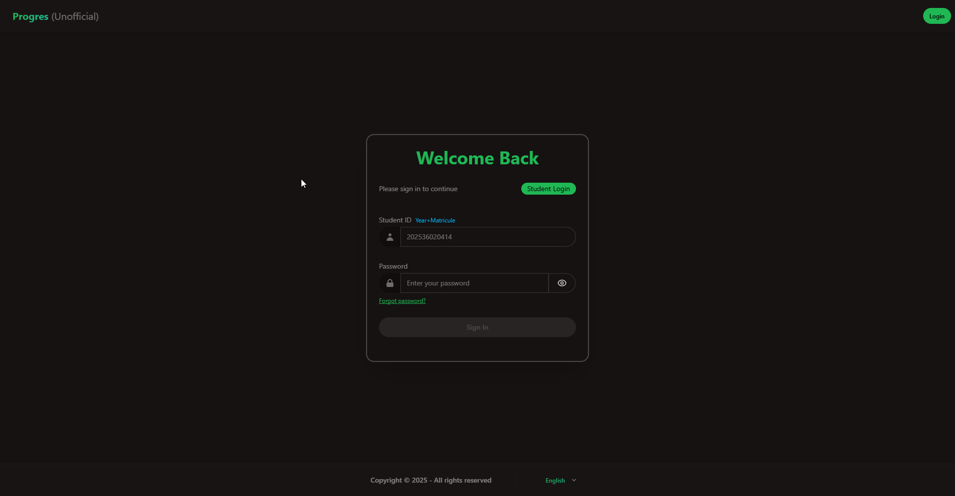Progres Student Portal Screenshot