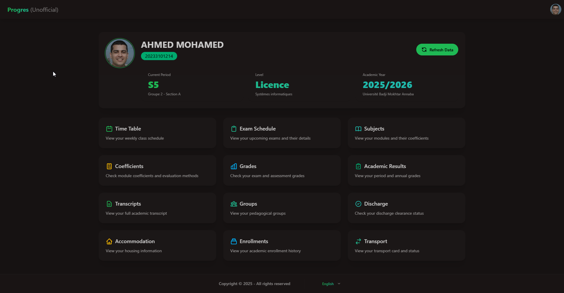 Progres Student Portal Screenshot